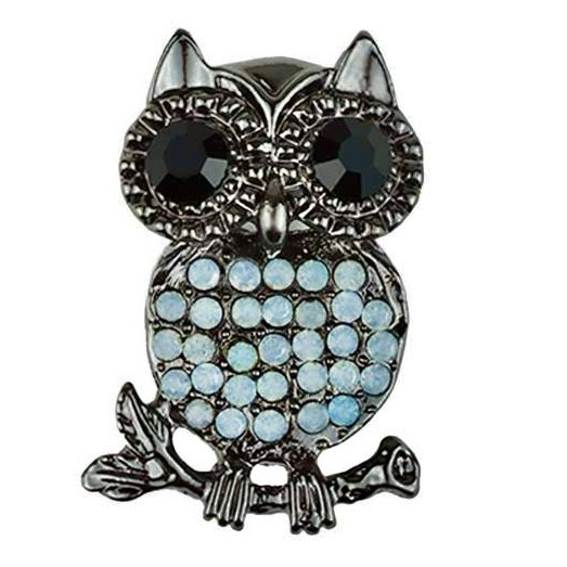 Брошка металева на сріблястій основі сова на гілочці з блакитними та чорними стразами розмір 30х20 мм