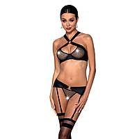 Сетчатый набор: бюстгальтер с халтером, трусики и пояс для чулок Amanda Set black S/M - Passion