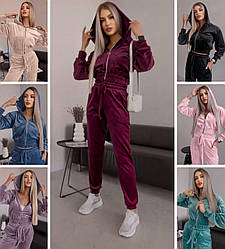 Жіночий велюровий спортивний костюм із капюшоном гарний молодіжний укорочена кофта, бордовий, чорний, синій