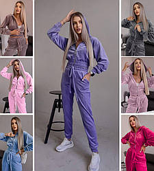 Велюровий спортивний костюм жіночий з укороченою кофтою прогулянковий на блискавці, фіолетовий, рожевий, сірий