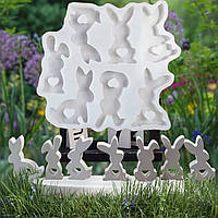Великий молд на 7 фігур «Зайчики з серцем», загальний розмір бл.18 см.