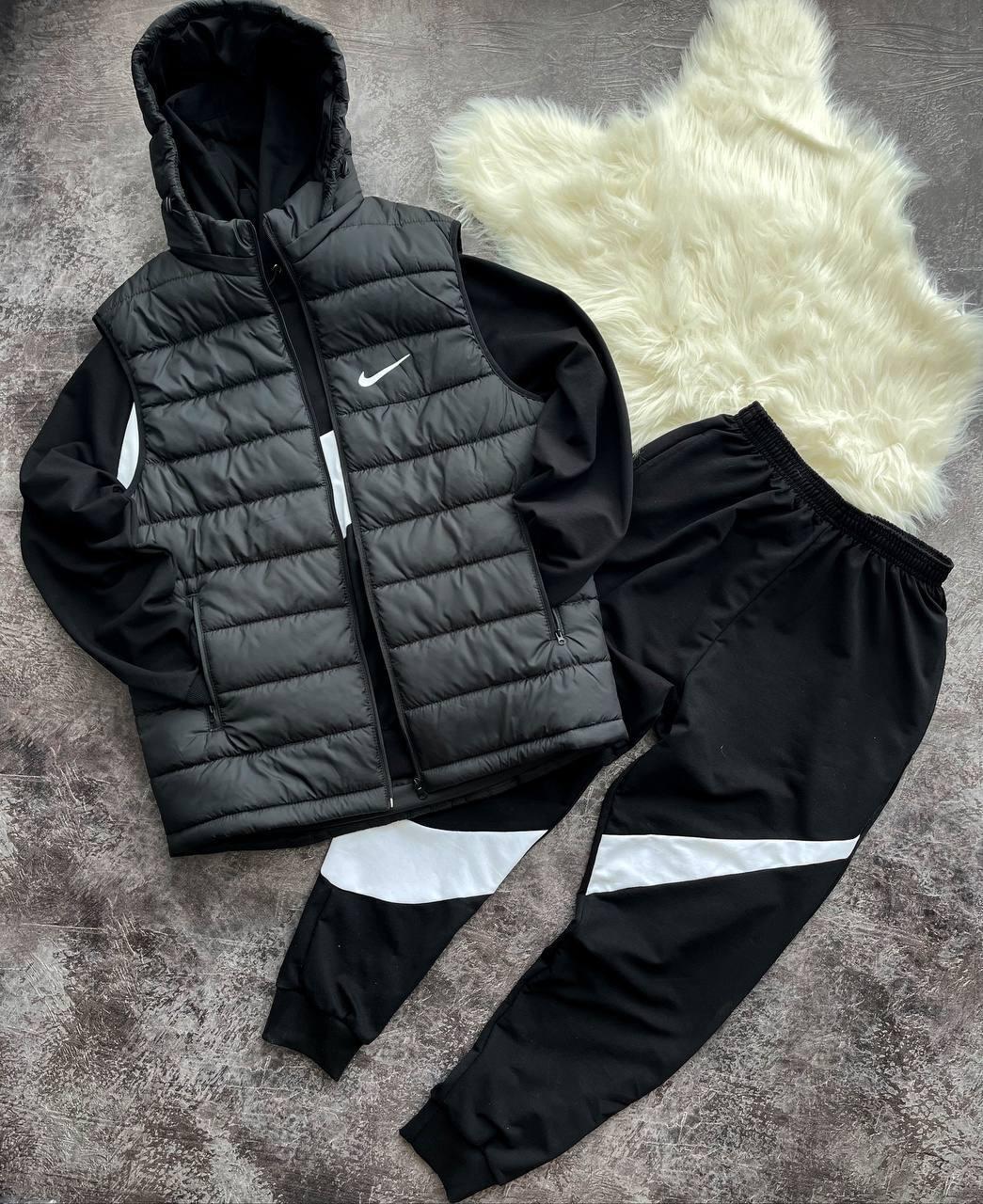 Чоловічий спортивний костюм Nike Big Swoosh Худі + Штани + Жилетка чорний Комплект Найк весняний осінній