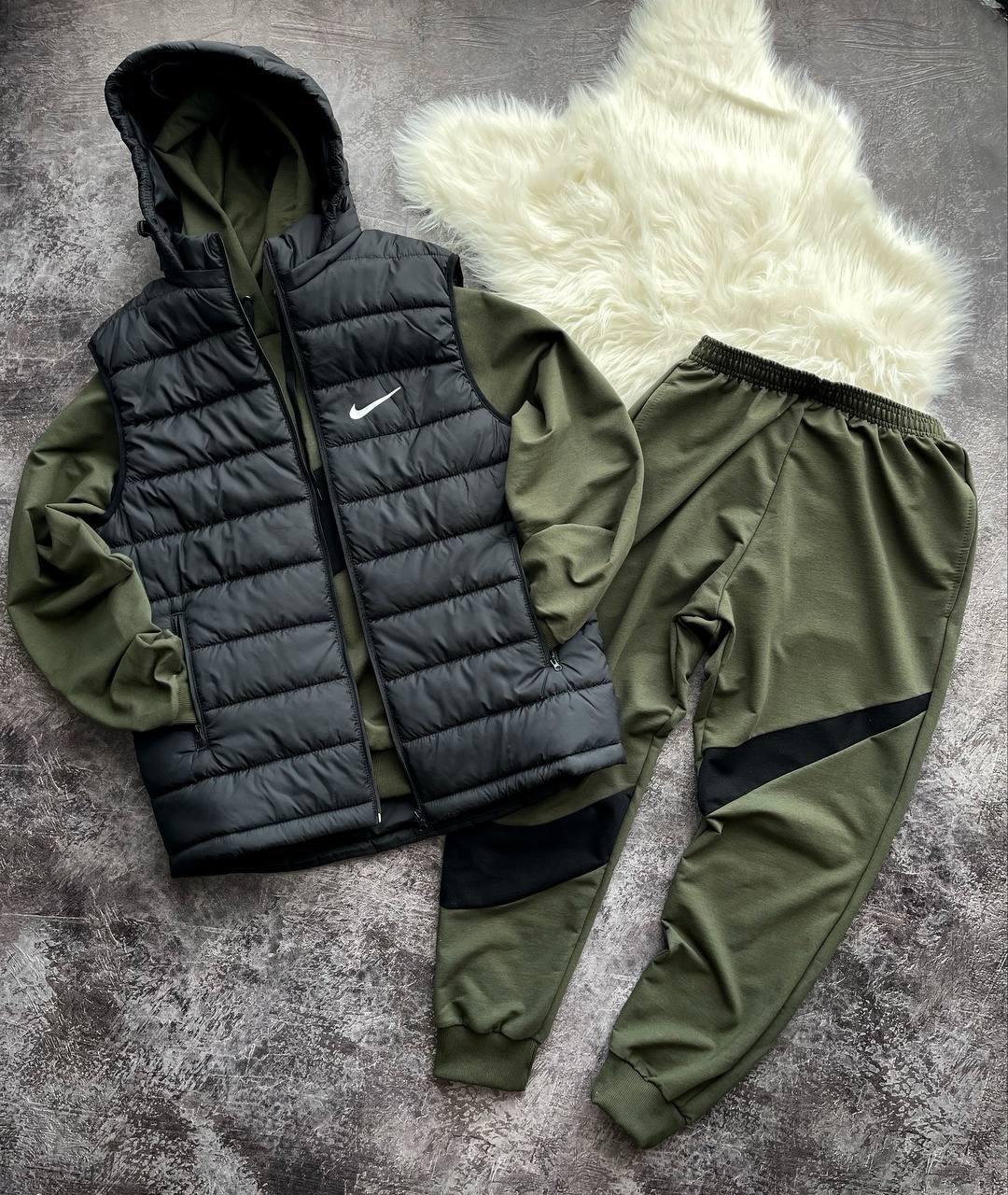 Чоловічий спортивний костюм Nike Big Swoosh Худі + Штани + Жилетка хакі Комплект Найк весняний осінній