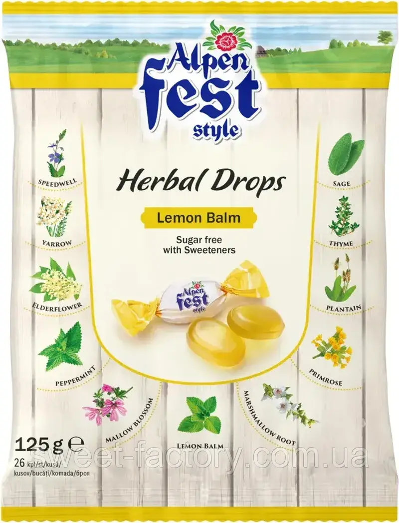Льодяники Alpen Fest Style Herbal Drops Lemon Balm Sugar free 125g