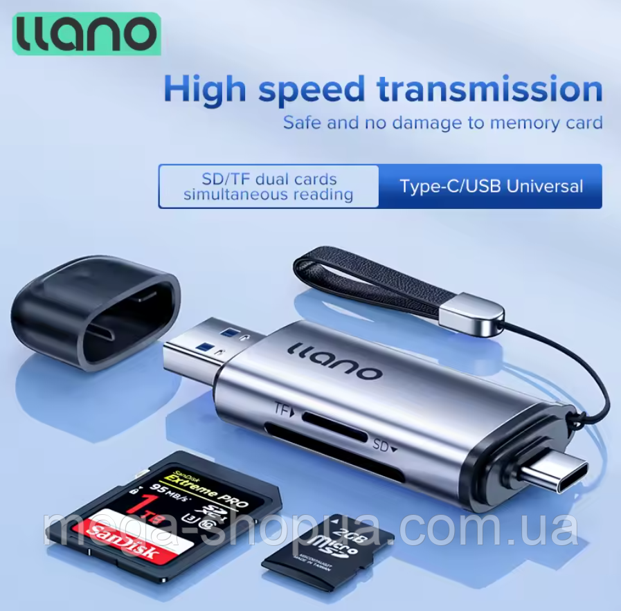 Універсальний кард-рідер 4 в 1 OTG USB 3.0, Type-C - MicroSD TF, SD. Картридер зчитувач флеш-карт LLANO