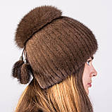 Жіноча норкова шапка на плетеній основі "Бубон-розріз" Горіх, фото 2