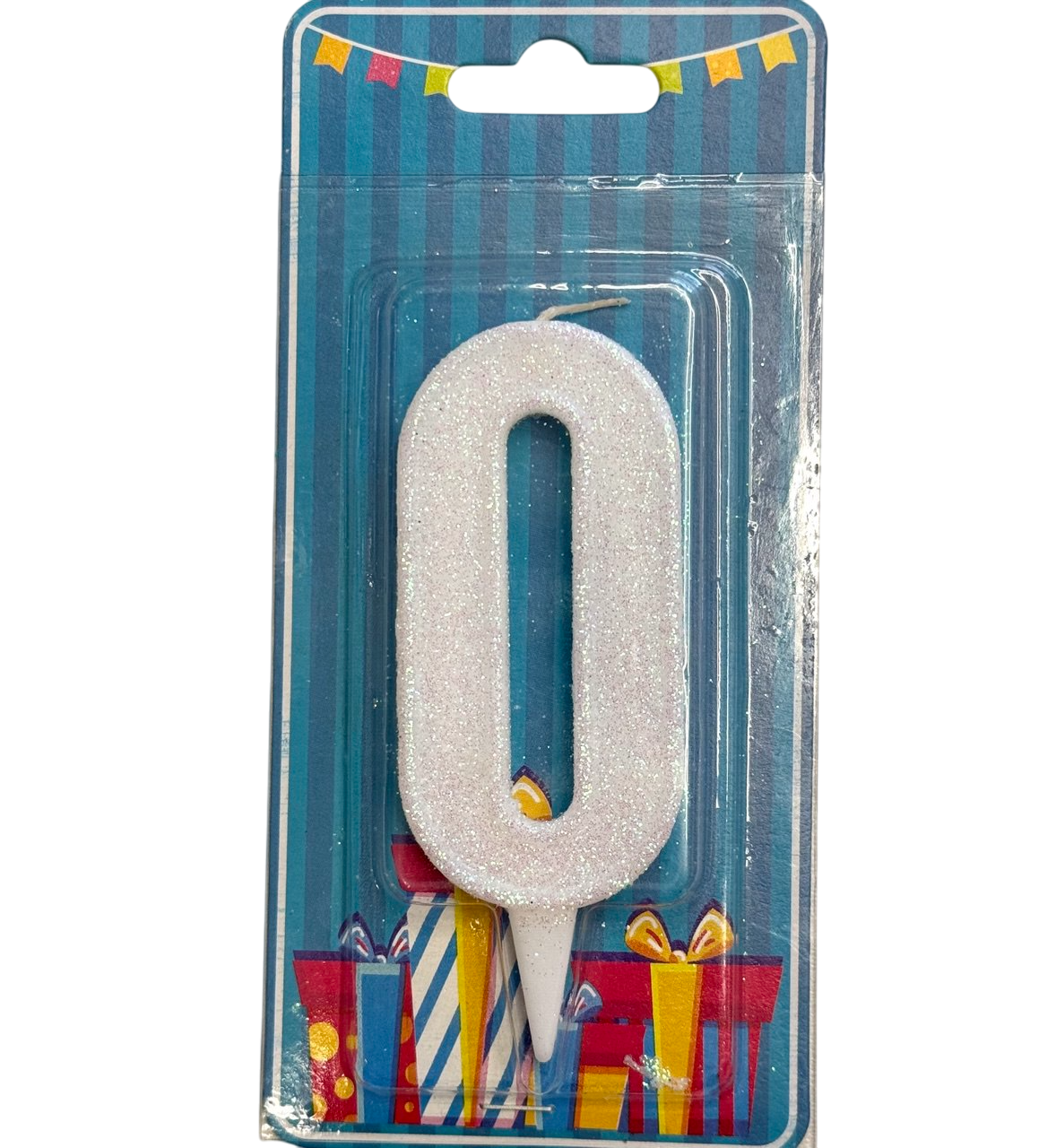 Свічка на торт, біла, з блискітками "0", фото 1