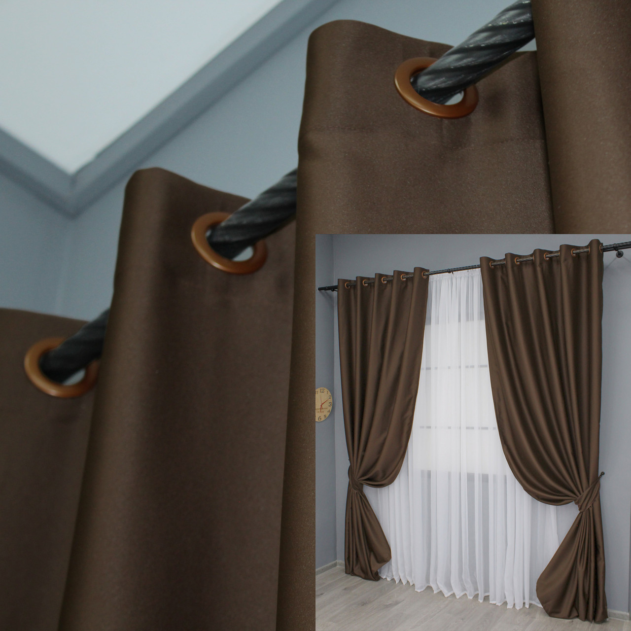 Комплект (2шт. 1,5х2,7м.) штор на люверсах із тканини блекаут "Midnight". Колір коричневий. Код 1677ш 37-0219, фото 1