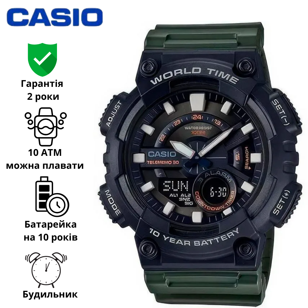 Армійський годинник наручний водонепроникний протиударний підсвічування Casio оригінал AEQ-110 для військових зелений Касіо