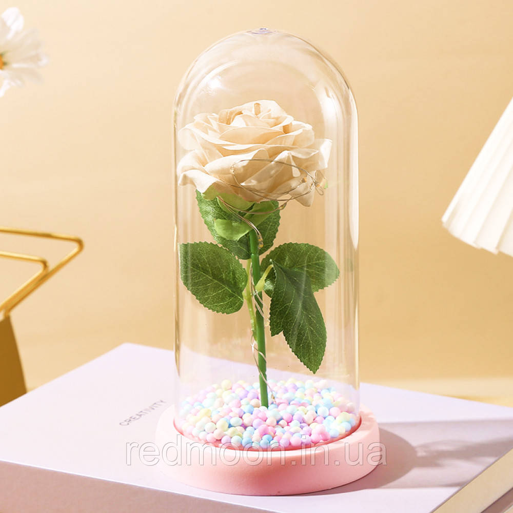 Троянда в колбі з підсвічуванням на батарейках, 22х11,5см, Бежева / Квітка в колбі / Вічна троянда / Подарунок дівчині, фото 1