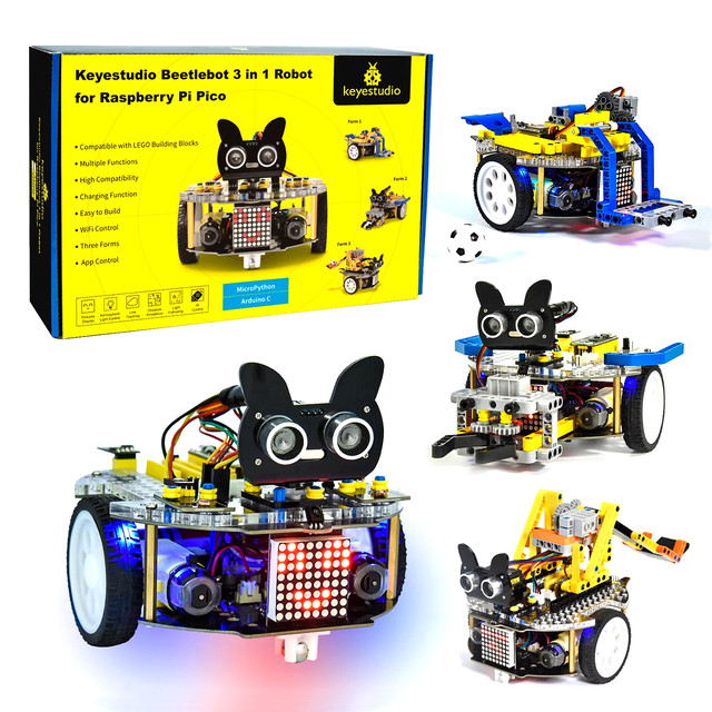 Програмований STEM-конструктор від компанії Keyestudio Навчальний робот-конструктор Beetlebot 3 в 1 для дітей на Raspberry Pi Pico
