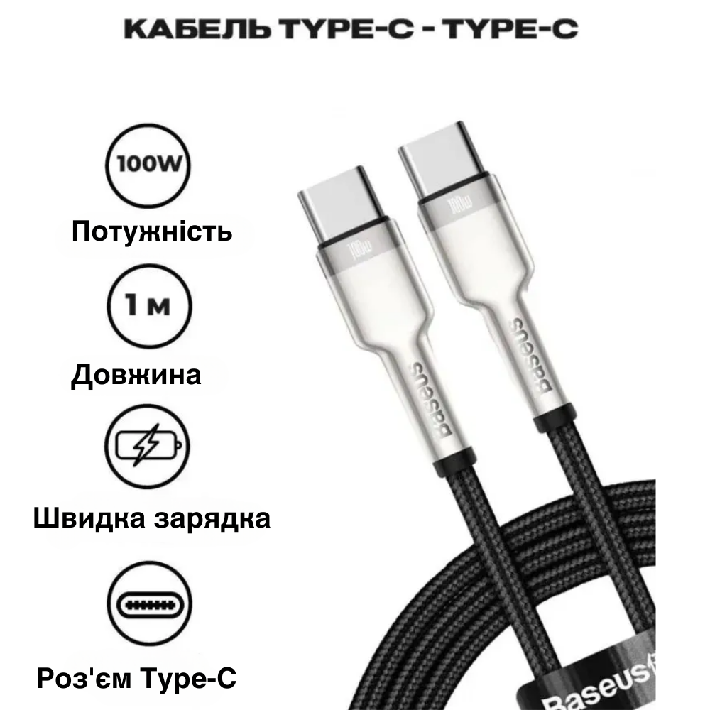 Кабель для зарядки телефону 100W 5А Pd type-c на type-c кабель швидкісний тайп сі 100вт тканинний шнур Baseus, фото 1