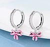 Сережки-хупи в стилі PANDORA 925 проба кульчики-кільця з рожевими бантиками ПАНДОРА, фото 2