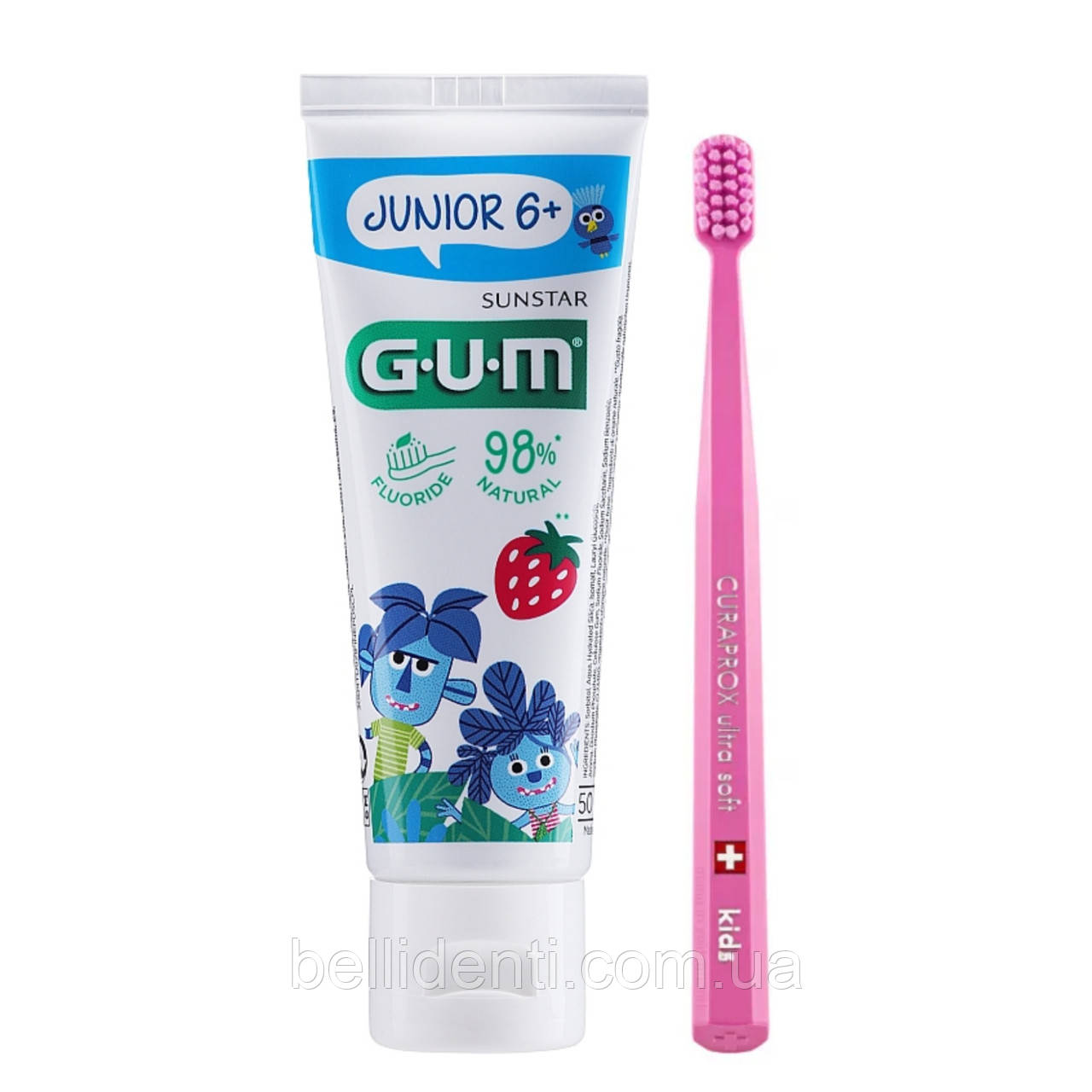 Набір Gum Junior Curaprox Kids від 6-12 років (зубна паста 50 мл із фтором+зубна щітка рожева)