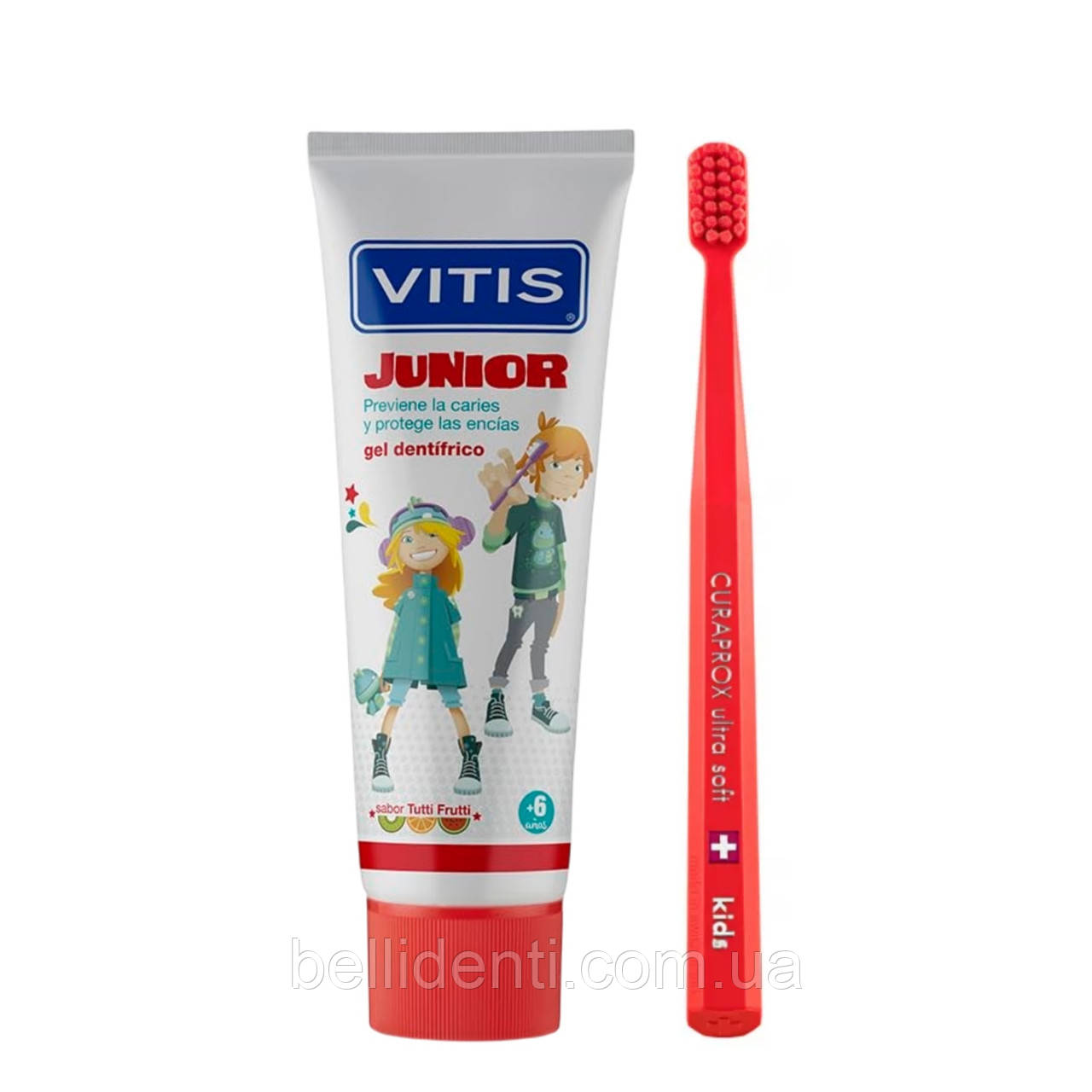 Набір для дітей віком від 6 до 12 років (зубна паста Vitis Junior 75 мл+зубна щітка Curaprox Kids червона)
