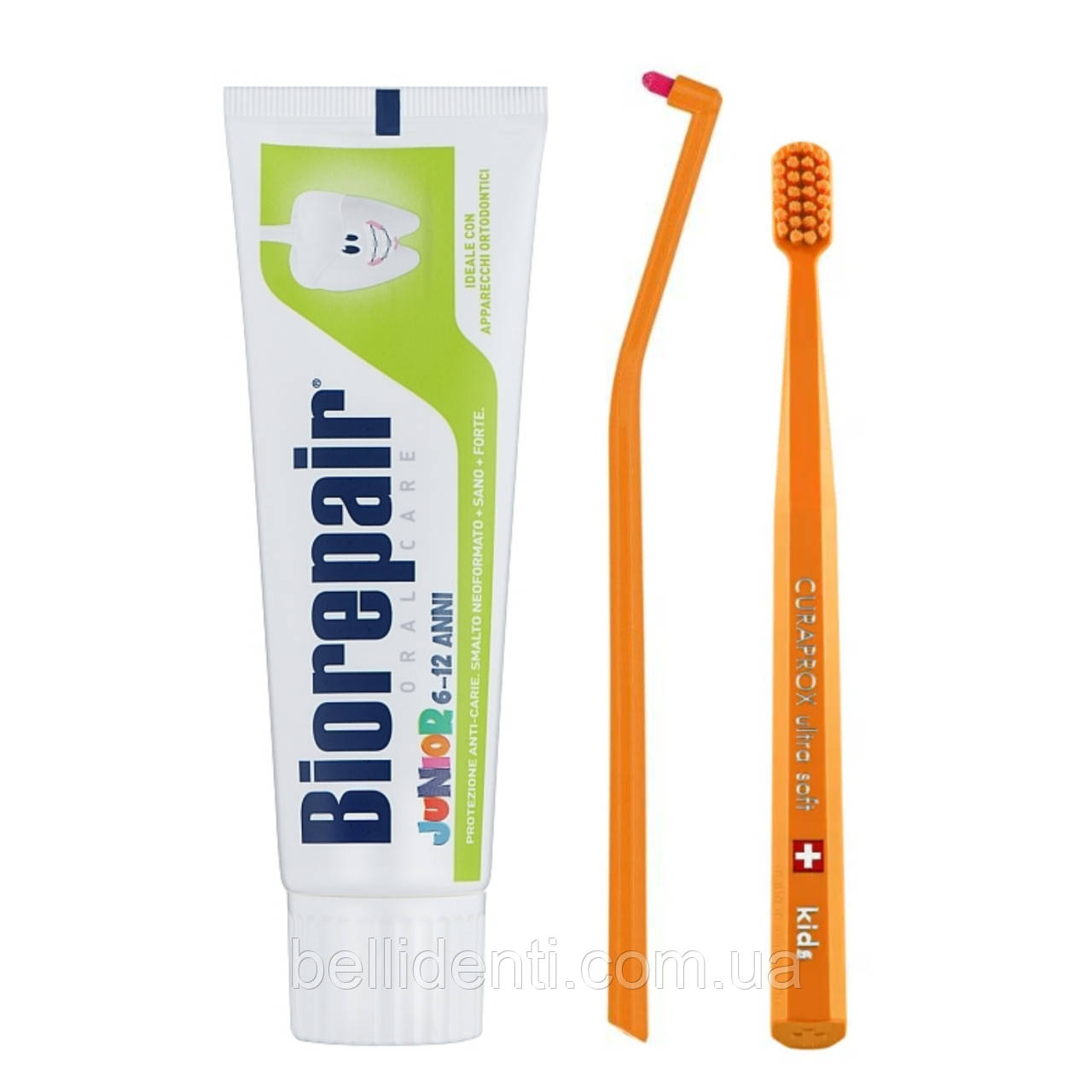 Набір Curaprox 1006 Biorepair Junior без фтору від 6-12 років (зубна паста, 75 мл+зубна щітка+монопучкова щітка)