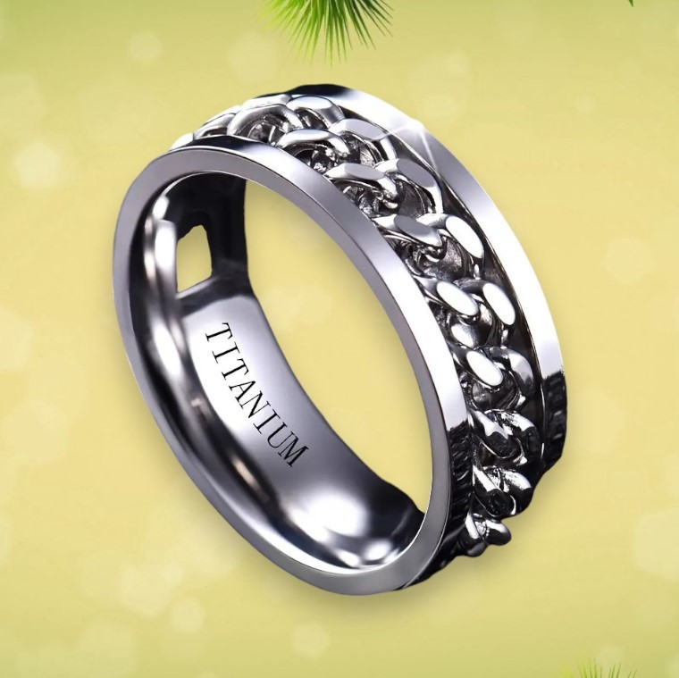 Срібляста каблучка з титанової сталі з обертовими сріблястими ланцюжками посередині стильна розмір 21, фото 1