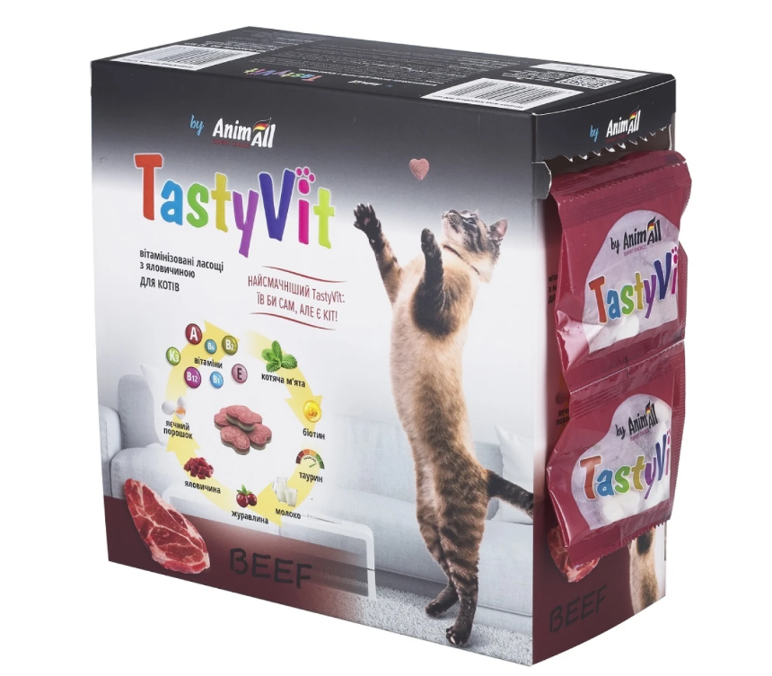 Вітамінізовані ласощі AnimAll TastyVit для котів, з яловичиною, 600 штук (50 пакетів по 12 штук) (*)