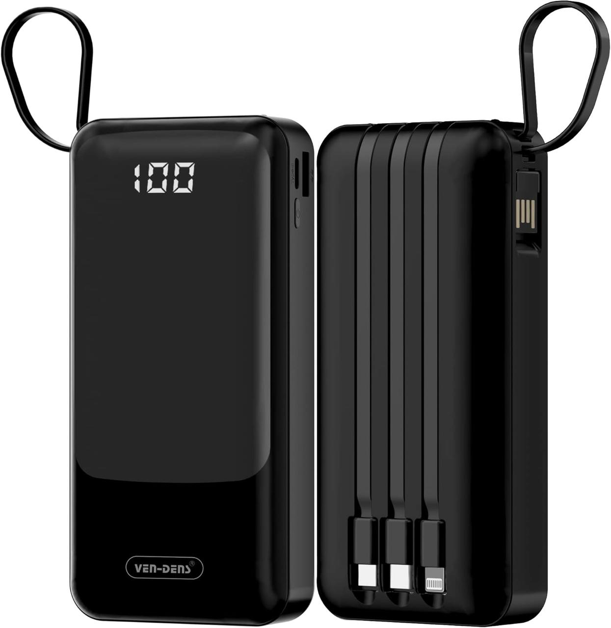 VEN-DENS Портативний блок живлення 20000 мАг - Вбудований кабель x 4 USB C-Акумулейний блок 6 виходів - Тип C 15W Powerbank