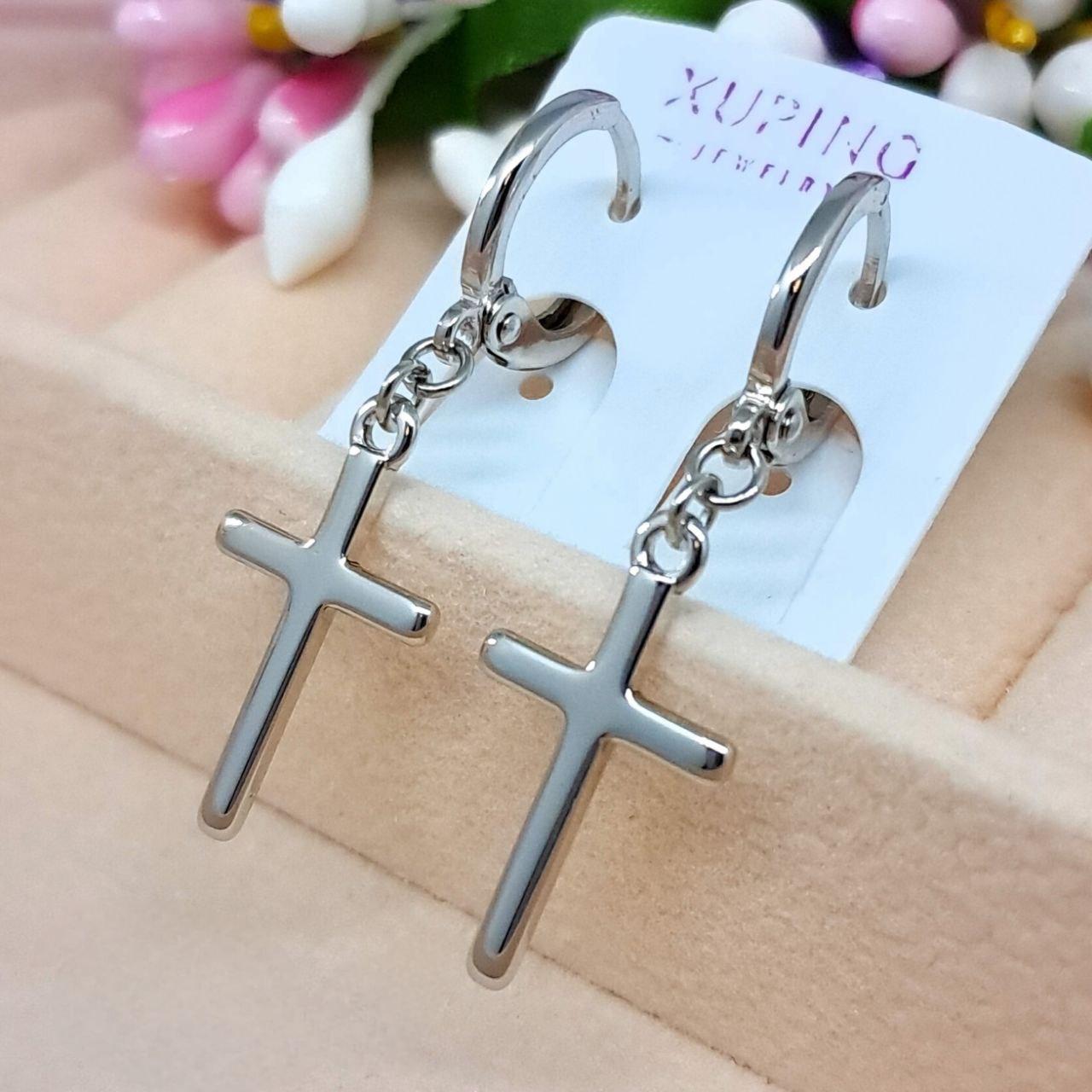 Сережки Хрестики медичний сплав Xuping покриття родій Розмір 30 × 12 мм Код 5055
