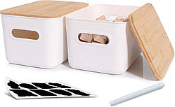 Bienvoun 2 упаковки Коробка для зберігання з дерев'яною кришкою Пластикові ящики для зберігання Штабеловані кошики для зберігання