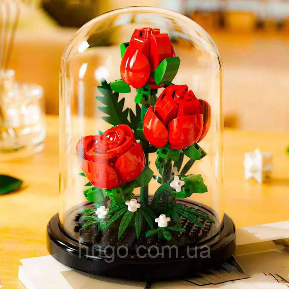 Конструктор Квіти в колбі (10,5х8,6см) Троянди червоні / Конструктор у скляній колбі / Квіти з конструктора, фото 1