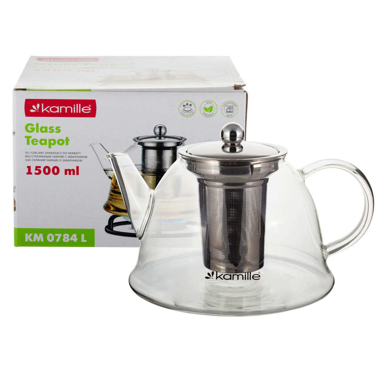 Чайник заварний Kamille KM-0784L зі скла 1500 мл з сталевим фільтром, фото 1