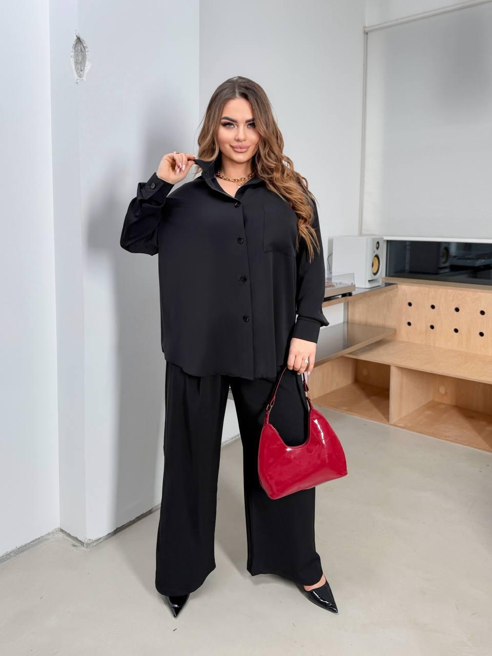 Жіночий шовковий костюм великого розміру plussize 48-62 широкі брюки і сорочка на гудзиках