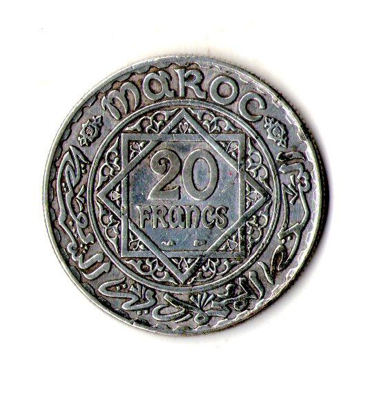 Марокко › Французький протекторат Мухаммед V 20 франків, 1929-1934 Срібло 20g, ø 35mm №3577, фото 1