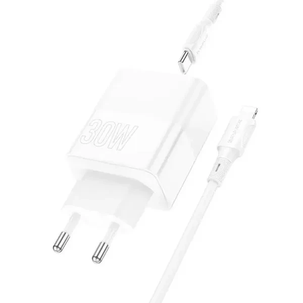Мережевий зарядний пристрій для телефона Borofone BA75A Powerful dual port + Type-C to Lightning Cable White PD30W+QC3.0, фото 1
