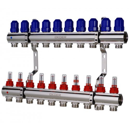 Колектор для теплої підлоги 10 контури з витратомірами (латунна) Чехія, фото 1