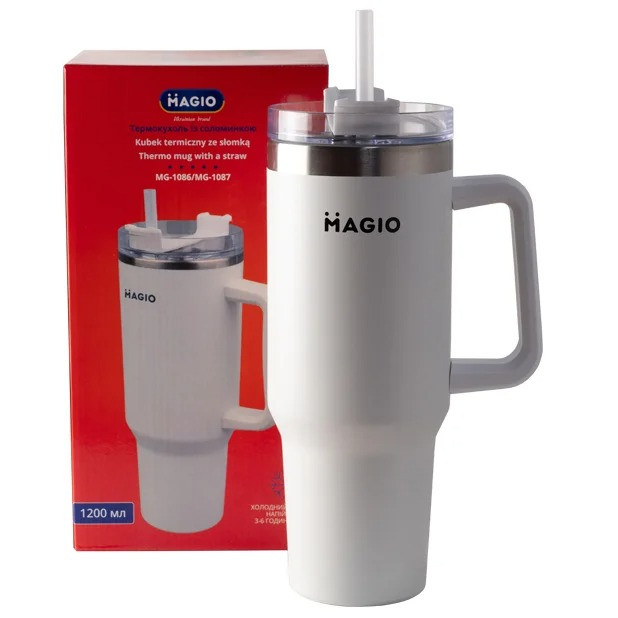 Термостакан з ручкою та соломинкою 1200 мл MAGIO MG-1086 білий (Niz16355)