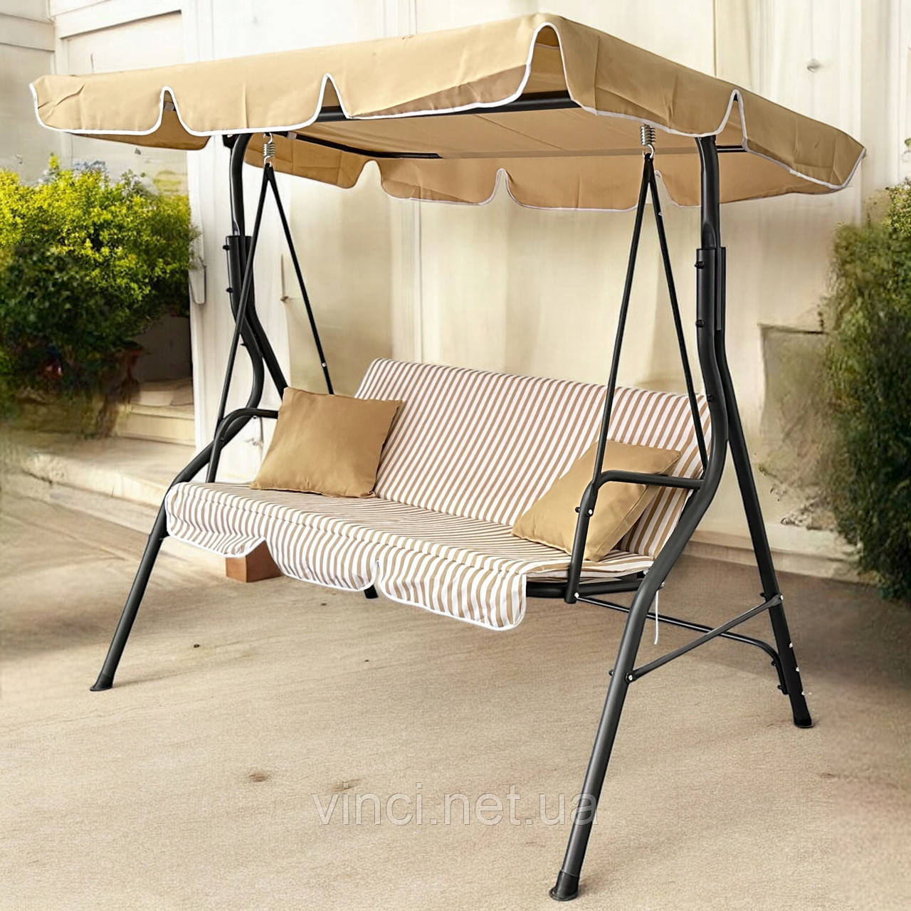 Садова гойдалка з подушками 3-х місна MAS-4003A-STRIPS БЕЖЕВА В ПОЛОСКУ Качеля для саду, городу, тераси, фото 1