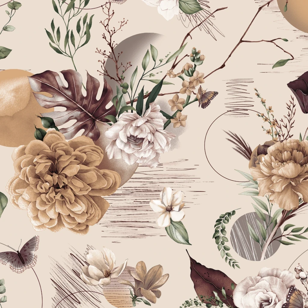 Бязь "Букети Півон та Монстери" на світло-бежевому фоні № М-3430, фото 1