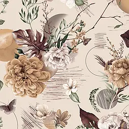 Бязь "Букети Півон та Монстери" на світло-бежевому фоні № М-3430