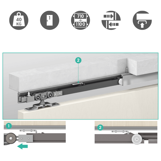Розсувна система Omge ALUTECH 1399 з 2-ма одност. демпферами, 710-1100 мм, до 40 кг (Італія)