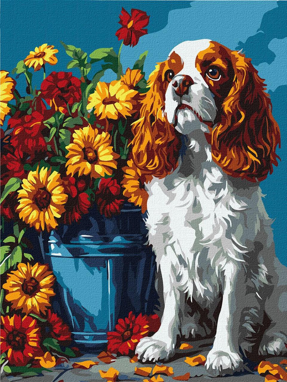 Картина за номерами Тварини. Спаніель біля квітів 30*40 см Ідейка KHO 6673, фото 1
