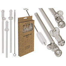 Скляні соломинки для вечірок в формі пеніса Glass Drinking Straw Willy (в наборі 4 трубочки та щіточка)