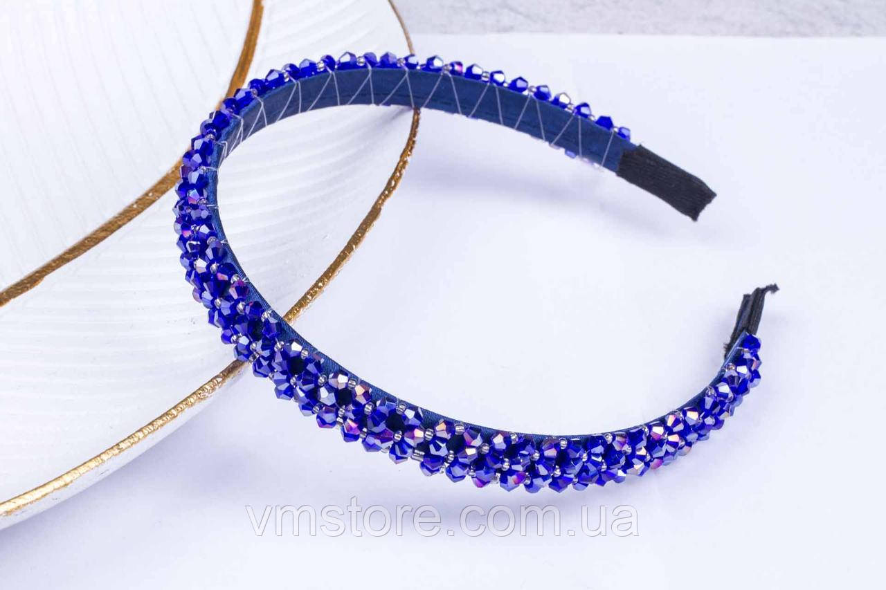 Обруч для волосся, кришталеві намистини, склярус, яскраво-синій,, фото 1