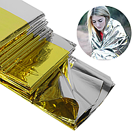 Спасательное экстренное термоодеяло 210×160 см золотисто-серебристое, водонепроницаемое, отражает до 90% тепла фольга выживания