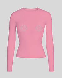 Бавовняна футболка-лонгслів приталена рожева баблгам з мушлями в стрази