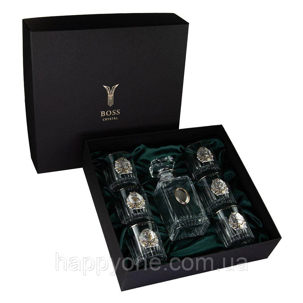 Кришталевий набір для віскі «Полювання» Boss Crystal (графін + 6 склянок), (срібло, золото)