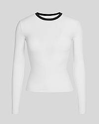 Бавовняна футболка-лонгслів приталена біла з чорним комірцем