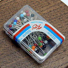Набір шпильок кравецьких в коробочці, 50 шт, кольорова кулька