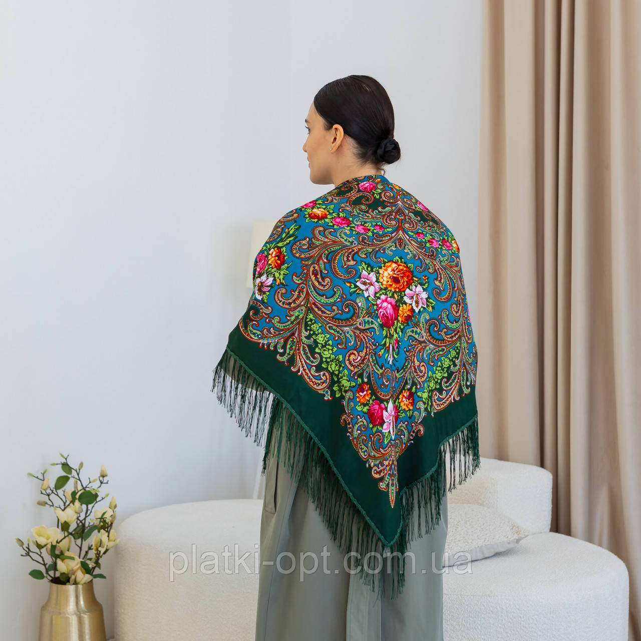 Хустка українська з тороками "Лілія" 110х110 см (зелена+бірюза)
