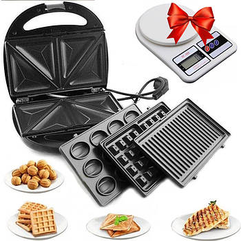 Сендвічниця 4в1 MS-7704 + Подарунок Ваги кухонні SF-400 / Бутербродниця мультипекар / Електрична вафельниця