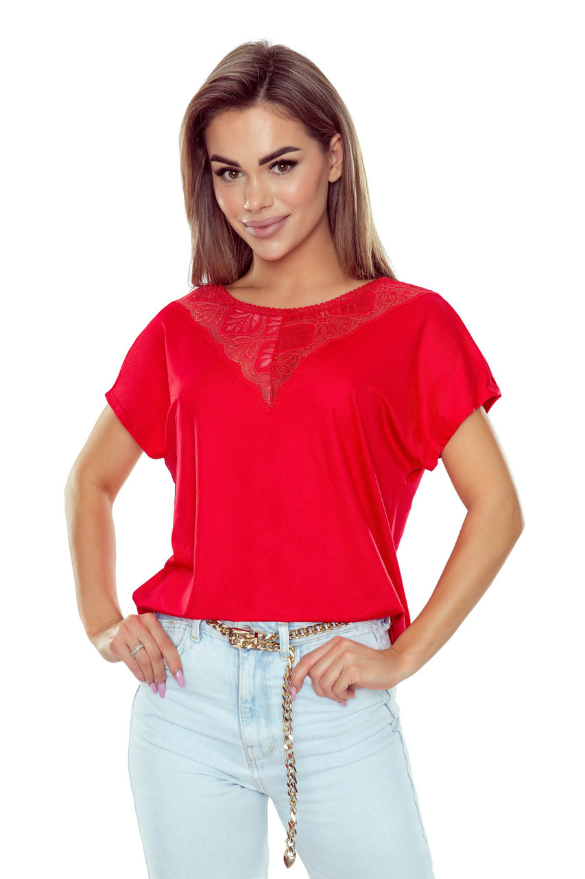 Жіноча літня блуза червоного кольору з мереживними вставками. Модель Miriam Eldar