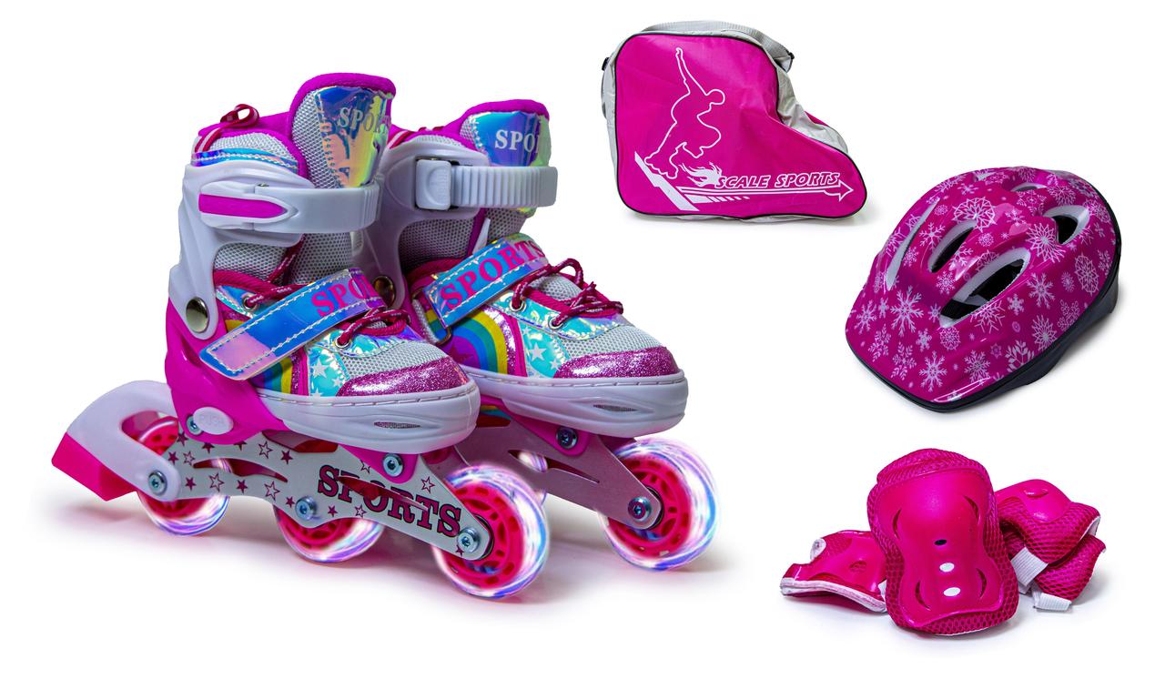 Дитячі розсувні роликові ковзани Райдужний Scale Sports, Набір ролики, шолом, захист розмір 26-29 Рожевий