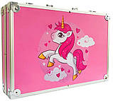 Набір для малювання, художній набір Єдиноріг 145 предметів, рожевий алюмінієвий чемодан, маркери, фарби, олівці, фото 10