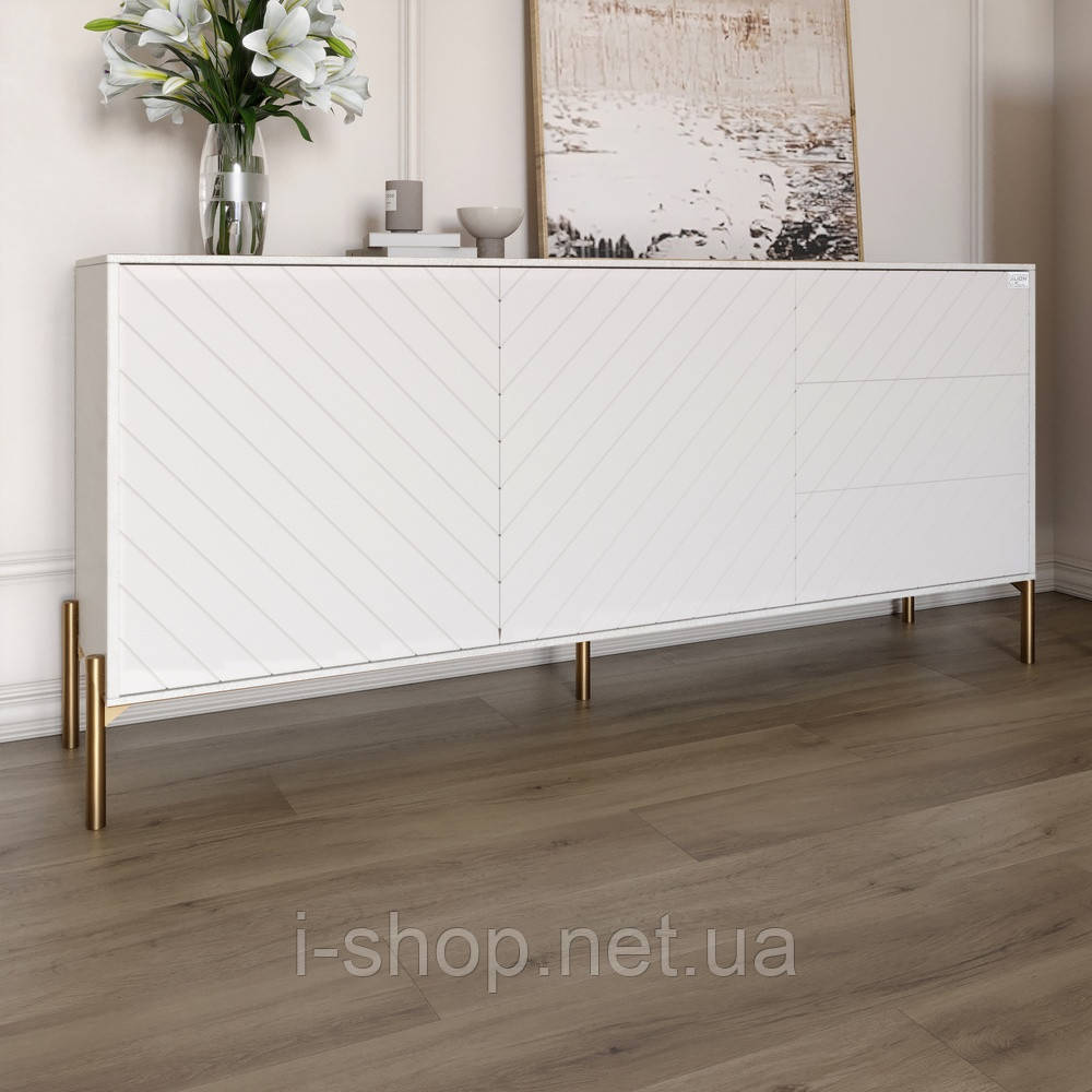 Комод з золотими металевими ніжками LION Амарант 168x40x76,5 см Бетон Style/Білий (LION-041955)